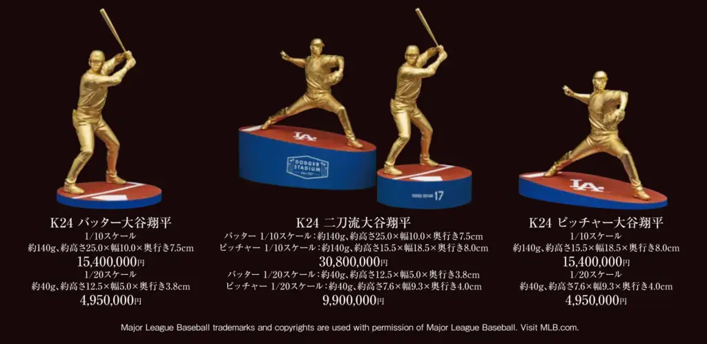 大谷翔平選手をモチーフにした純金メダルやフィギュアが並ぶ展示